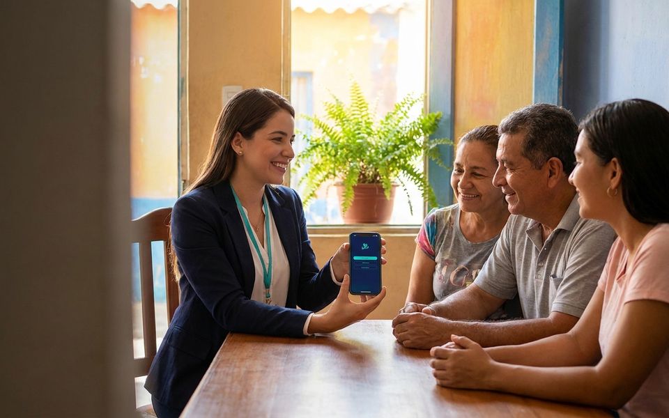 Asesora comercial conversa con una familia en su casa y usa ORViTIA en el teléfono.