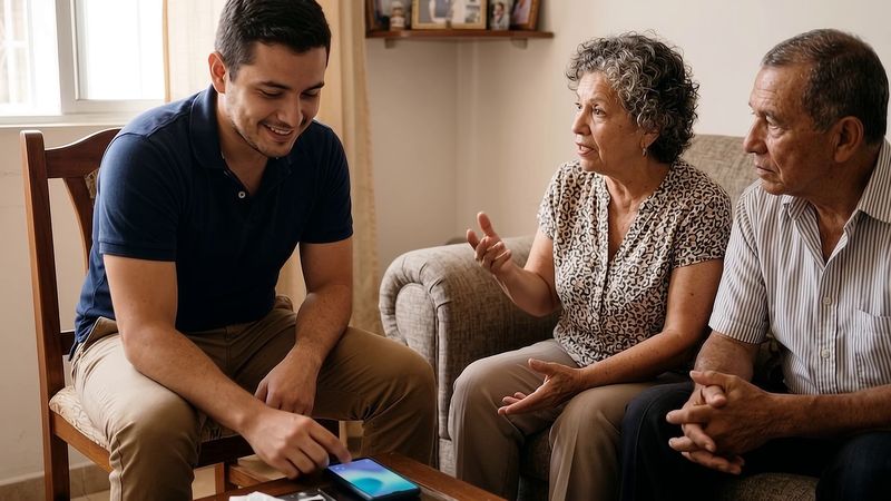 Asesor comercial conversa con una pareja mayor en su sala; su teléfono registra la conversación.